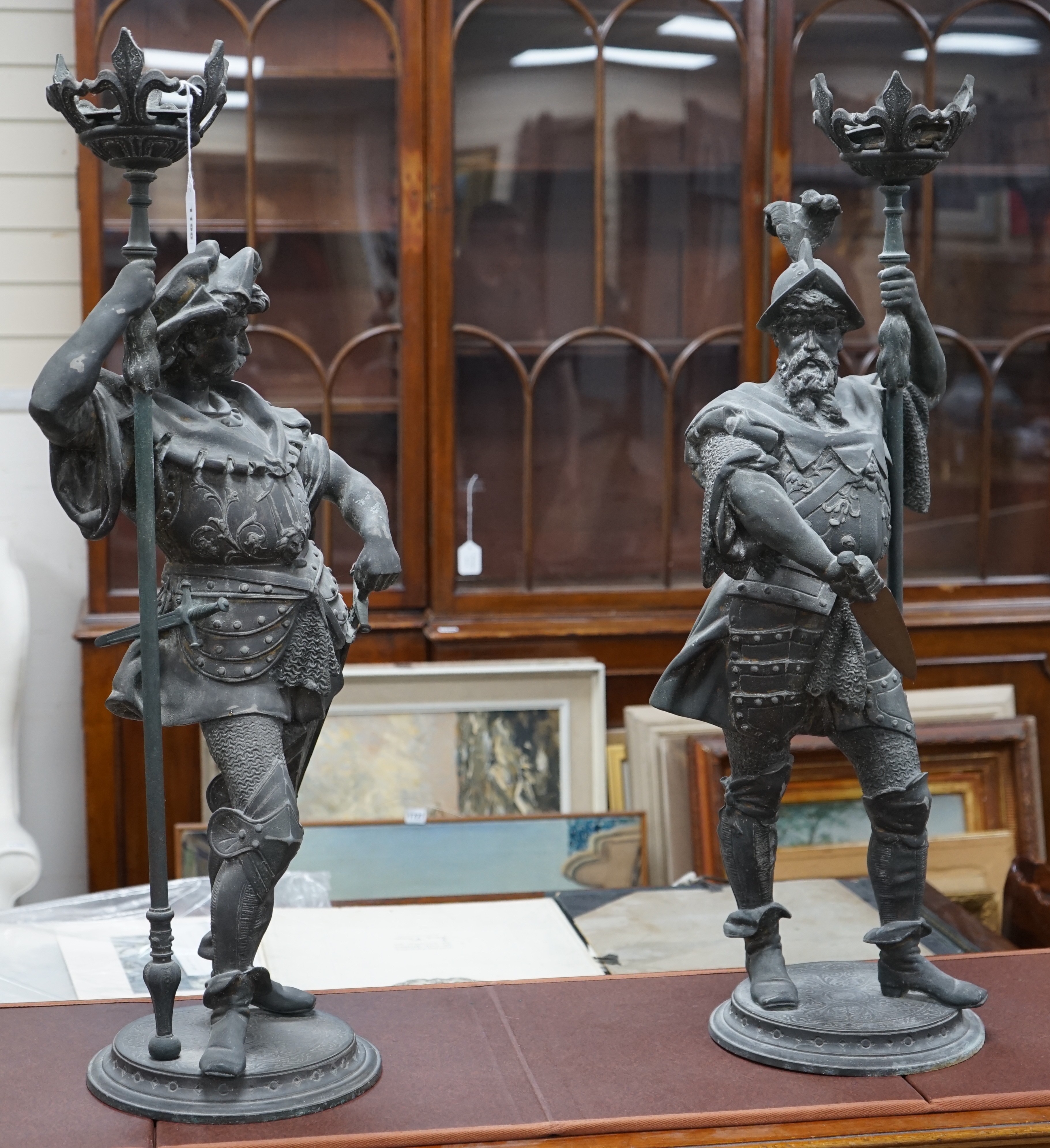 A pair of large figural spelter table lamps